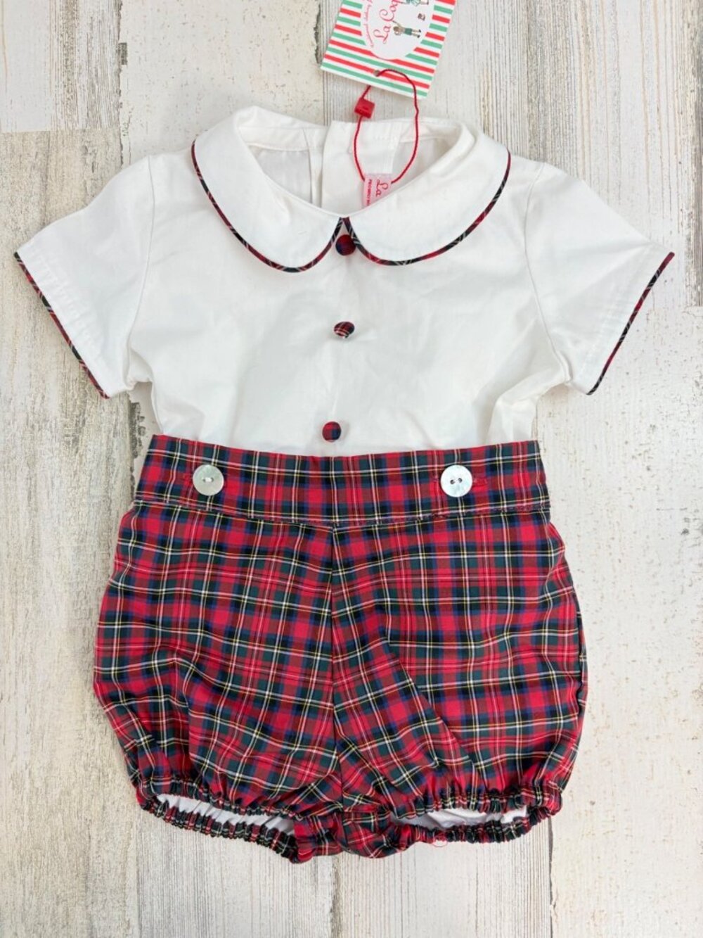 La Coqueta Baby Boys Set Red Tartan Plaid Pablo Romper Made in Spain Sz 6 M NWT